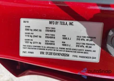 2019 Tesla Model 3 Long Range/Mid Range/Standard Range/Standard Range Plus z USA, uszkodzony, nr VIN 5YJ3E1EA1KF435264